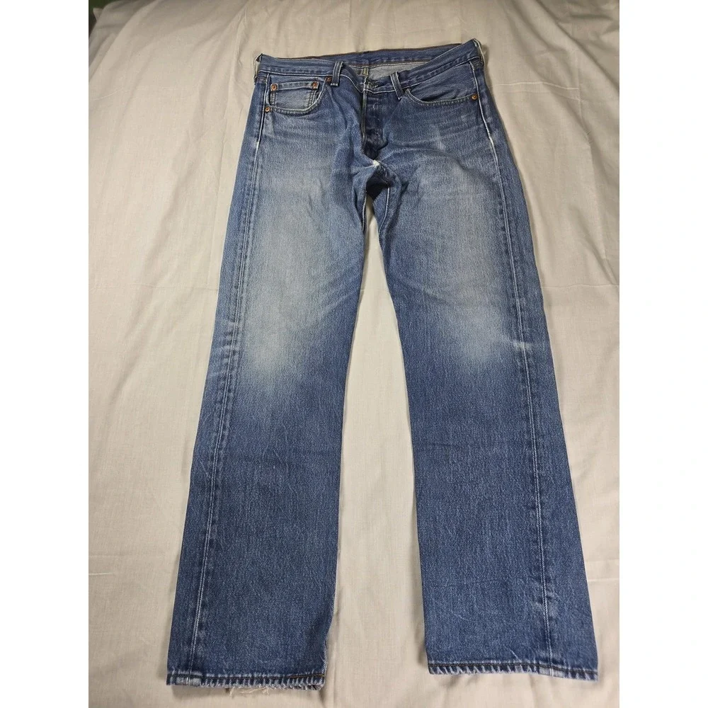 Levis 501 Jeans Mens 34x33 Blue WaterLess Regular Straight Button Fly Distressed